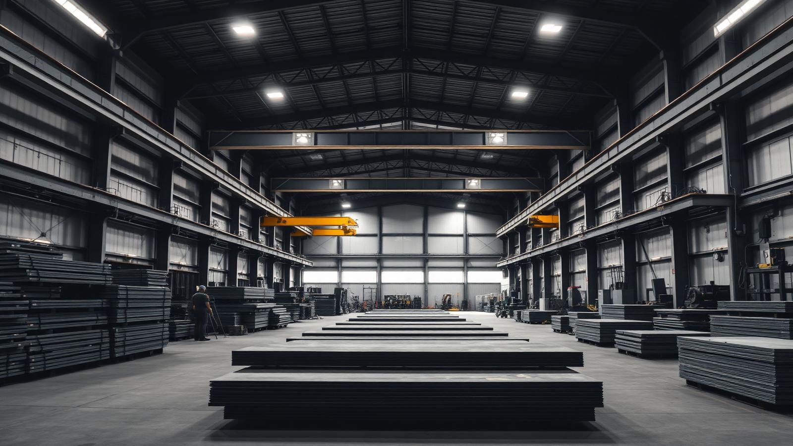 Interior da oficina industrial com chapas de aço e pontes rolantes